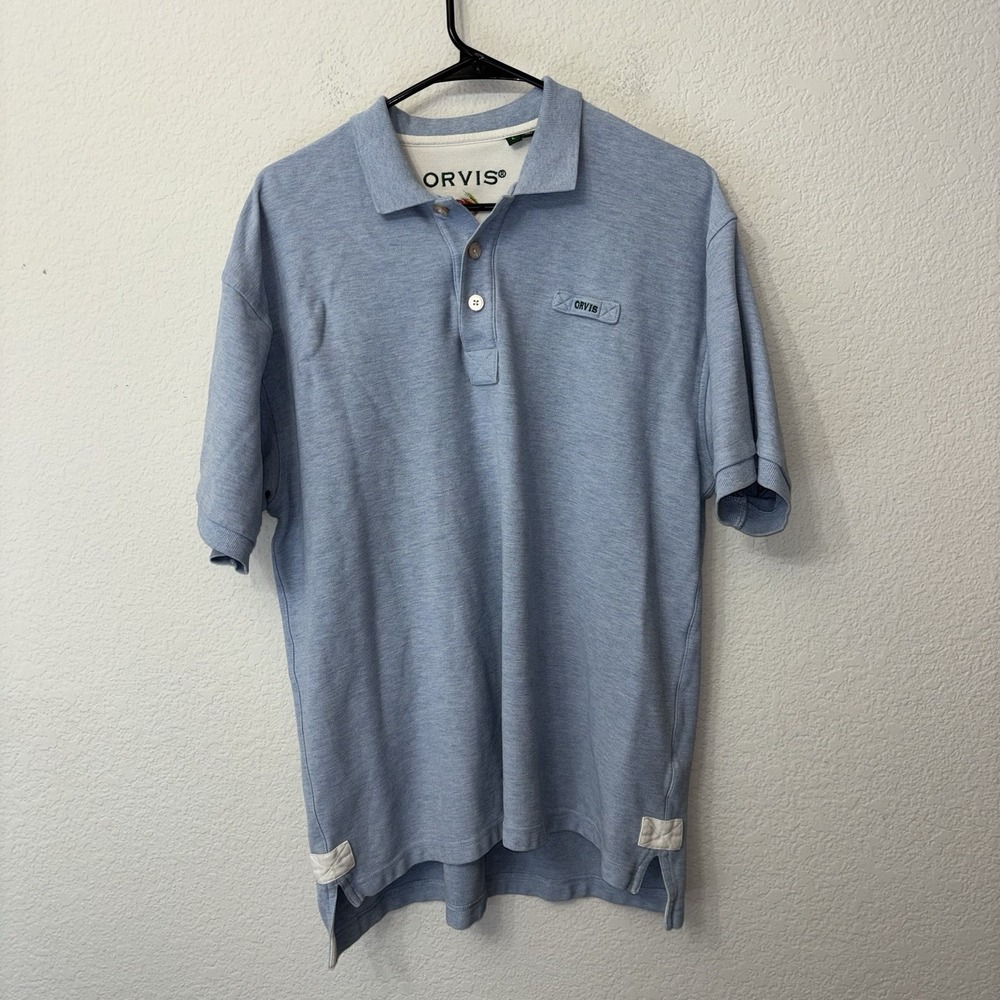 Orvis Fly Fishing Heavy Cotton Pique Blue Polo Shirt Size Large L Short Sleeve
